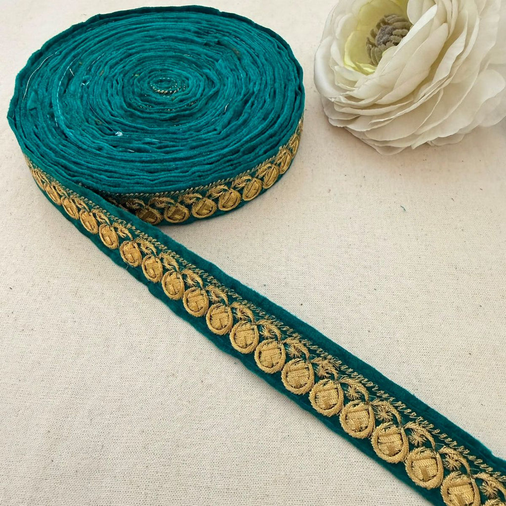 Teal Velvet Gold Zari Coin Lace Trim – 9 Yards Roll