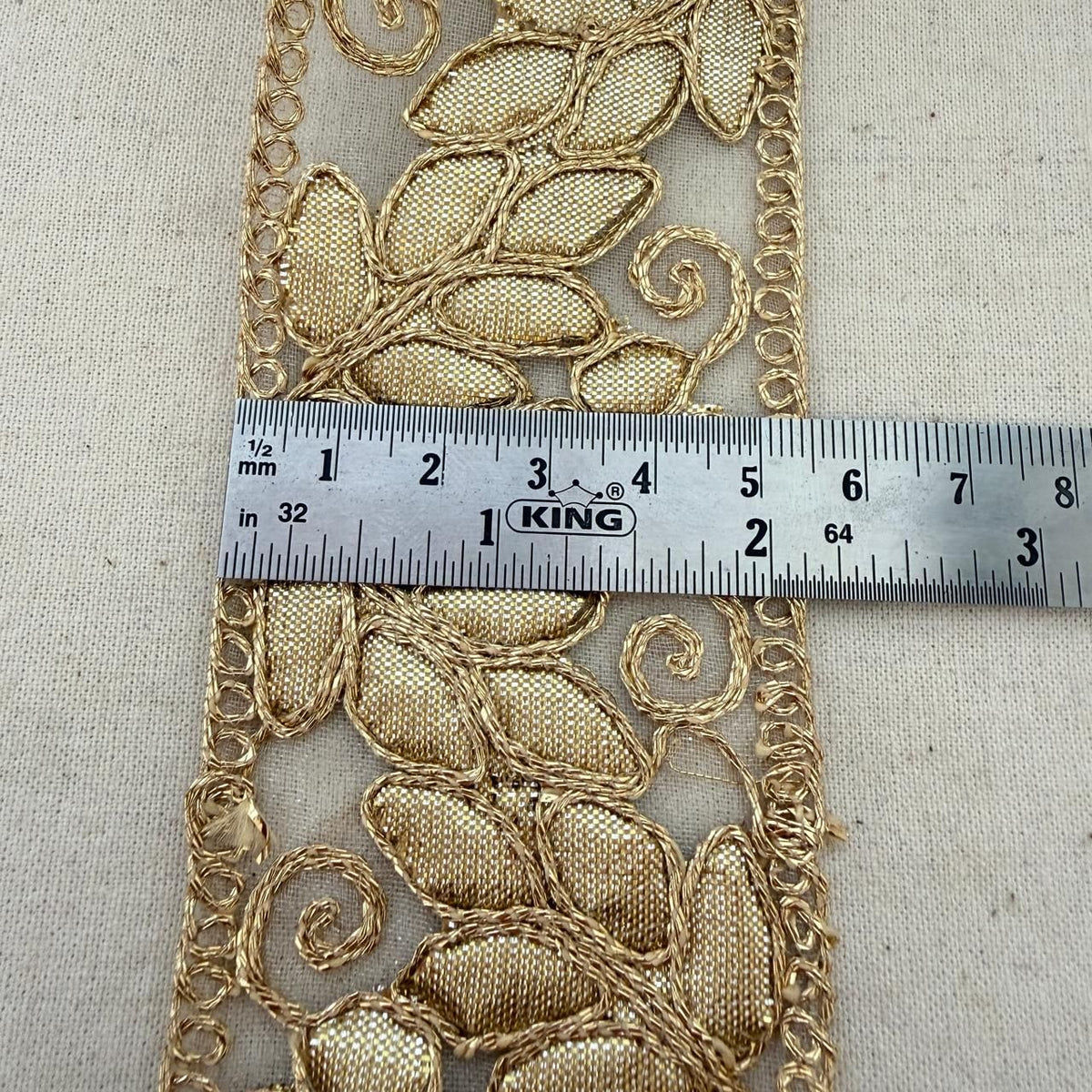 Gold Floral Embroidered Lace Trim – Net Base | 9 Yard Roll
