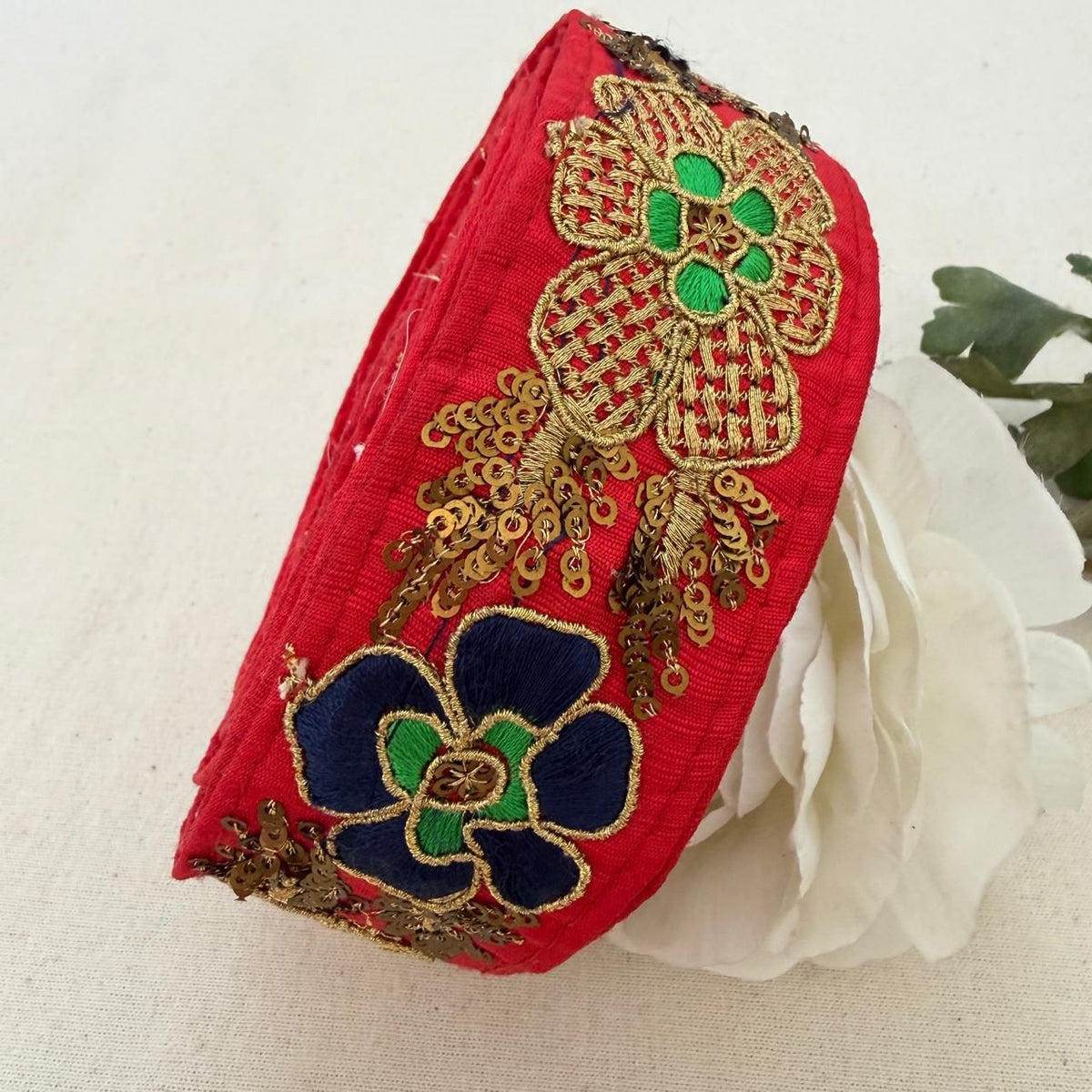 Red Fabric Navy Blue Gold Zari Sequin Floral Lace Trim – 9 Yards Roll