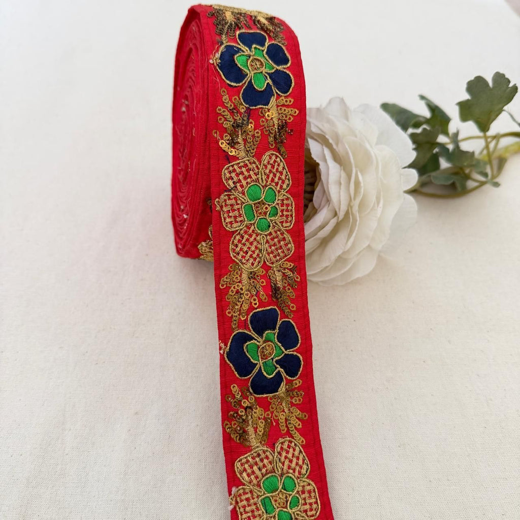 Red Fabric Navy Blue Gold Zari Sequin Floral Lace Trim – 9 Yards Roll