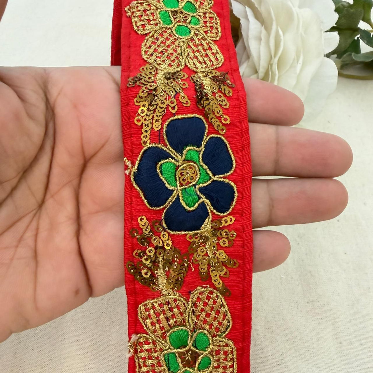 Red Fabric Navy Blue Gold Zari Sequin Floral Lace Trim – 9 Yards Roll