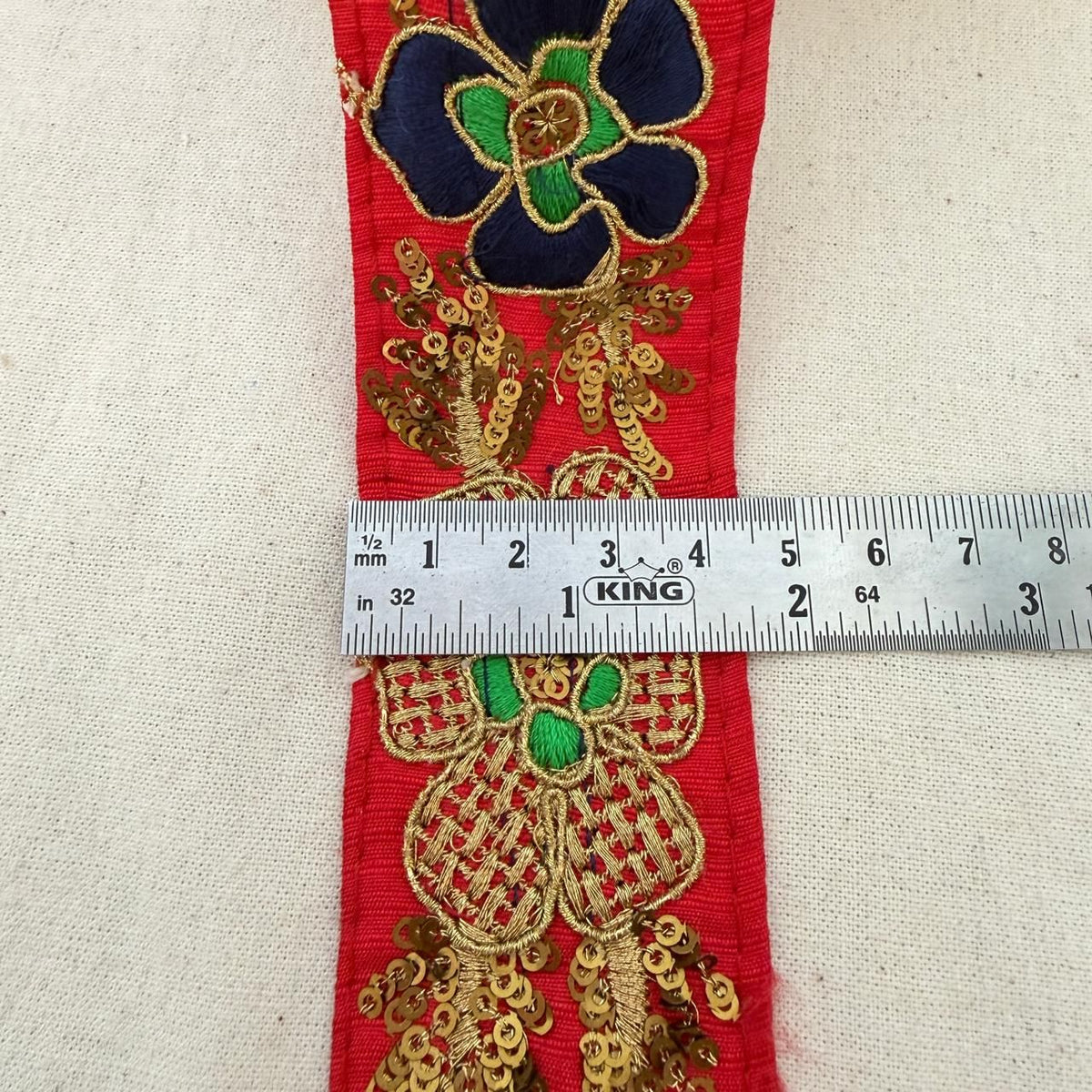 Red Fabric Navy Blue Gold Zari Sequin Floral Lace Trim – 9 Yards Roll
