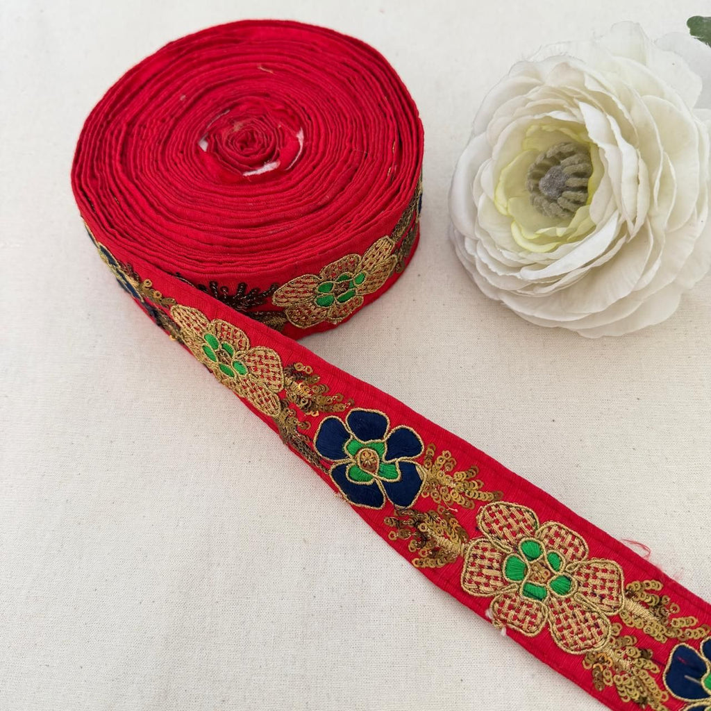 Red Fabric Navy Blue Gold Zari Sequin Floral Lace Trim – 9 Yards Roll