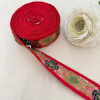 Red Fabric Navy Blue Gold Zari Sequin Floral Lace Trim – 9 Yards Roll