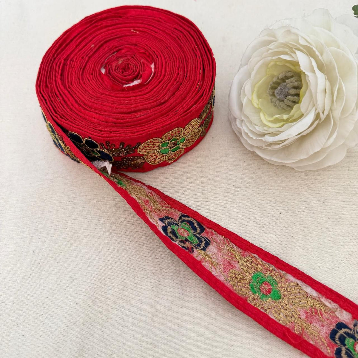 Red Fabric Navy Blue Gold Zari Sequin Floral Lace Trim – 9 Yards Roll