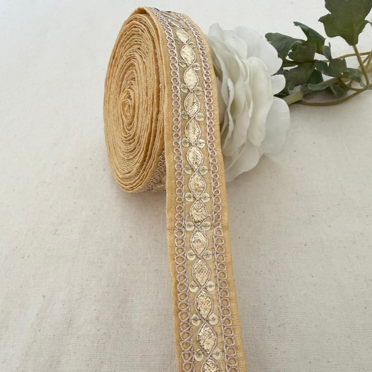 Beige Fabric Gold Foil Sequin Lace Trim – 9 Yards Roll