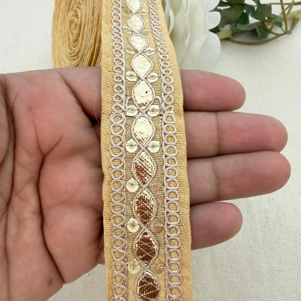 Beige Fabric Gold Foil Sequin Lace Trim – 9 Yards Roll