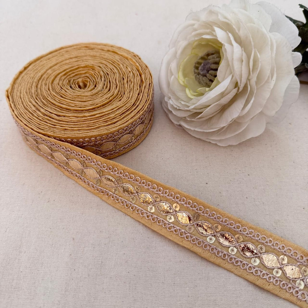 Beige Fabric Gold Foil Sequin Lace Trim – 9 Yards Roll