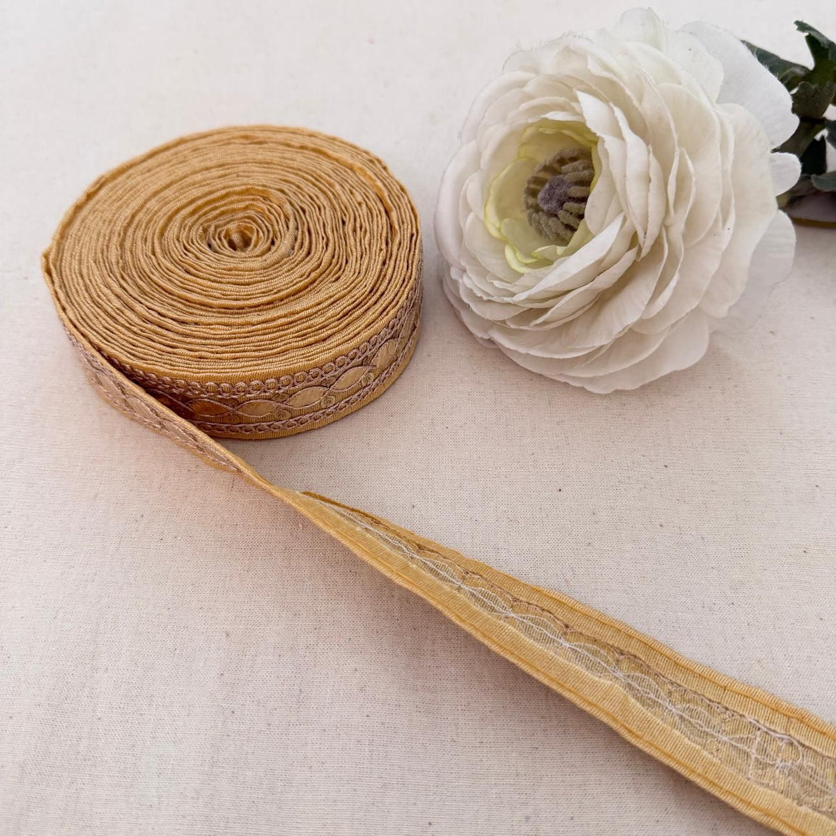 Beige Fabric Gold Foil Sequin Lace Trim – 9 Yards Roll