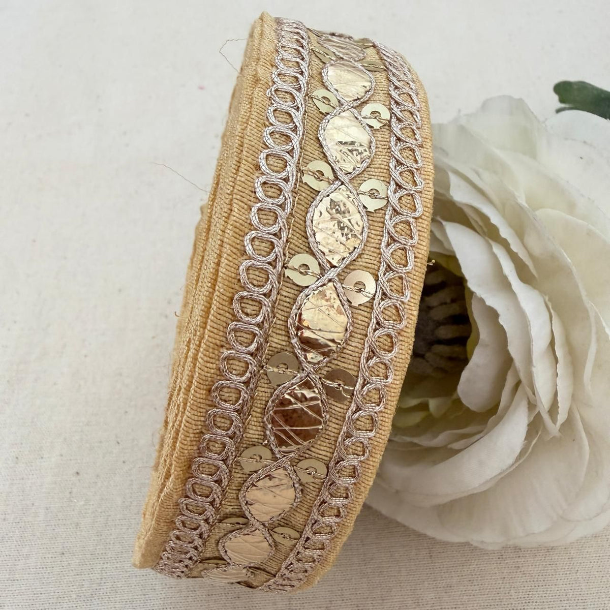 Beige Fabric Gold Foil Sequin Lace Trim – 9 Yards Roll
