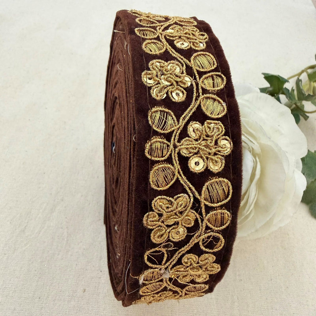 Brown velvet gold zari sequin floral lace trim with ruler showing 2 inch width