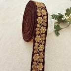 Brown velvet gold zari sequin floral lace trim roll with white flower