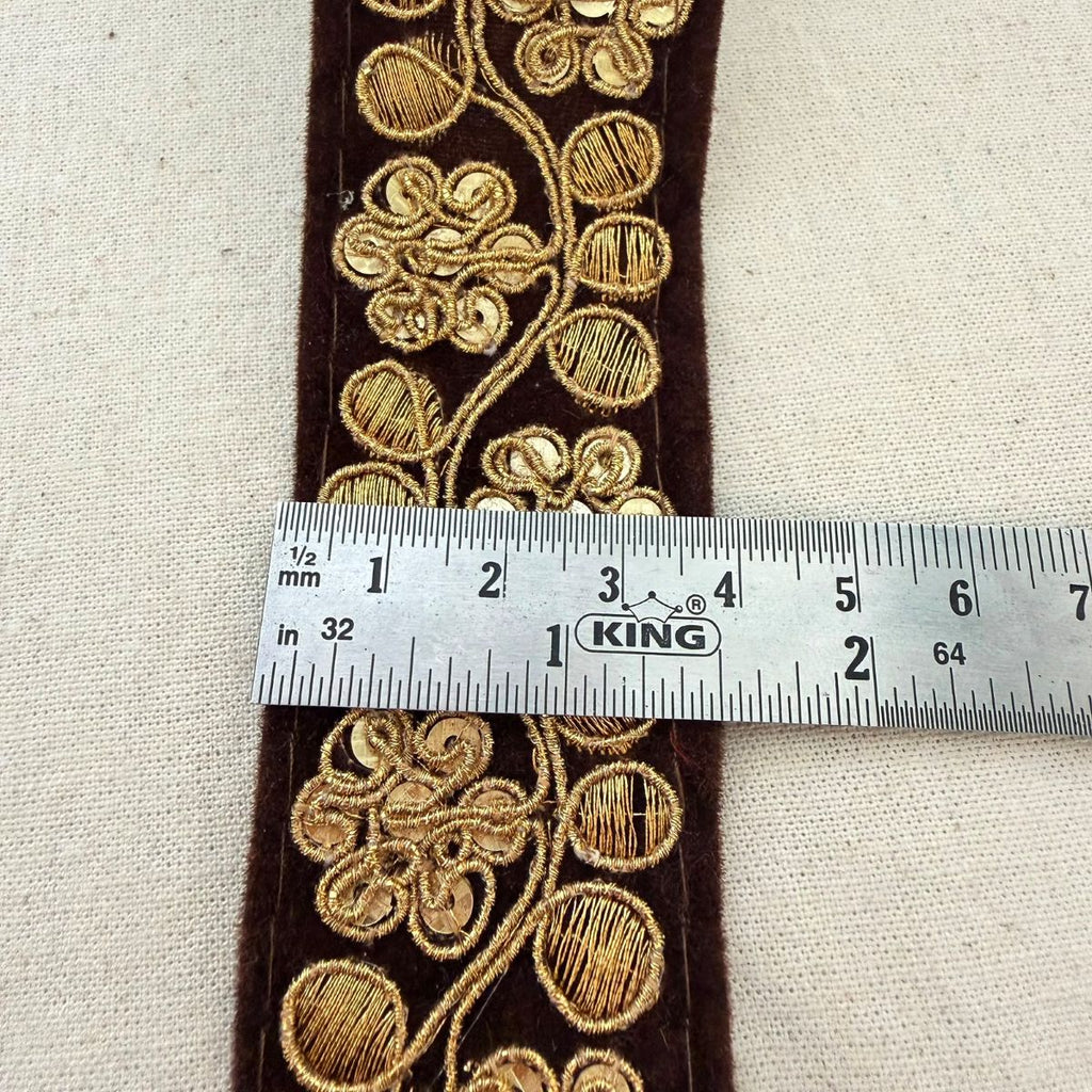 Brown velvet gold zari sequin floral lace trim roll side view