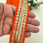 Orange Velvet Gold Sequin Zari Coin Lace Trim – 9 Yards Roll