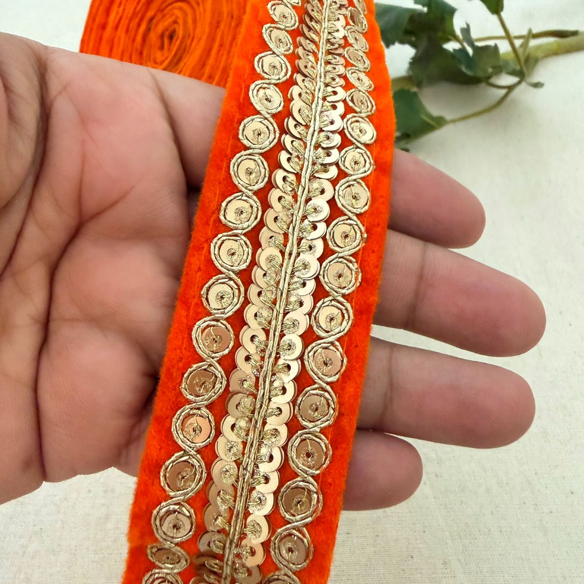 Orange Velvet Gold Sequin Zari Coin Lace Trim – 9 Yards Roll