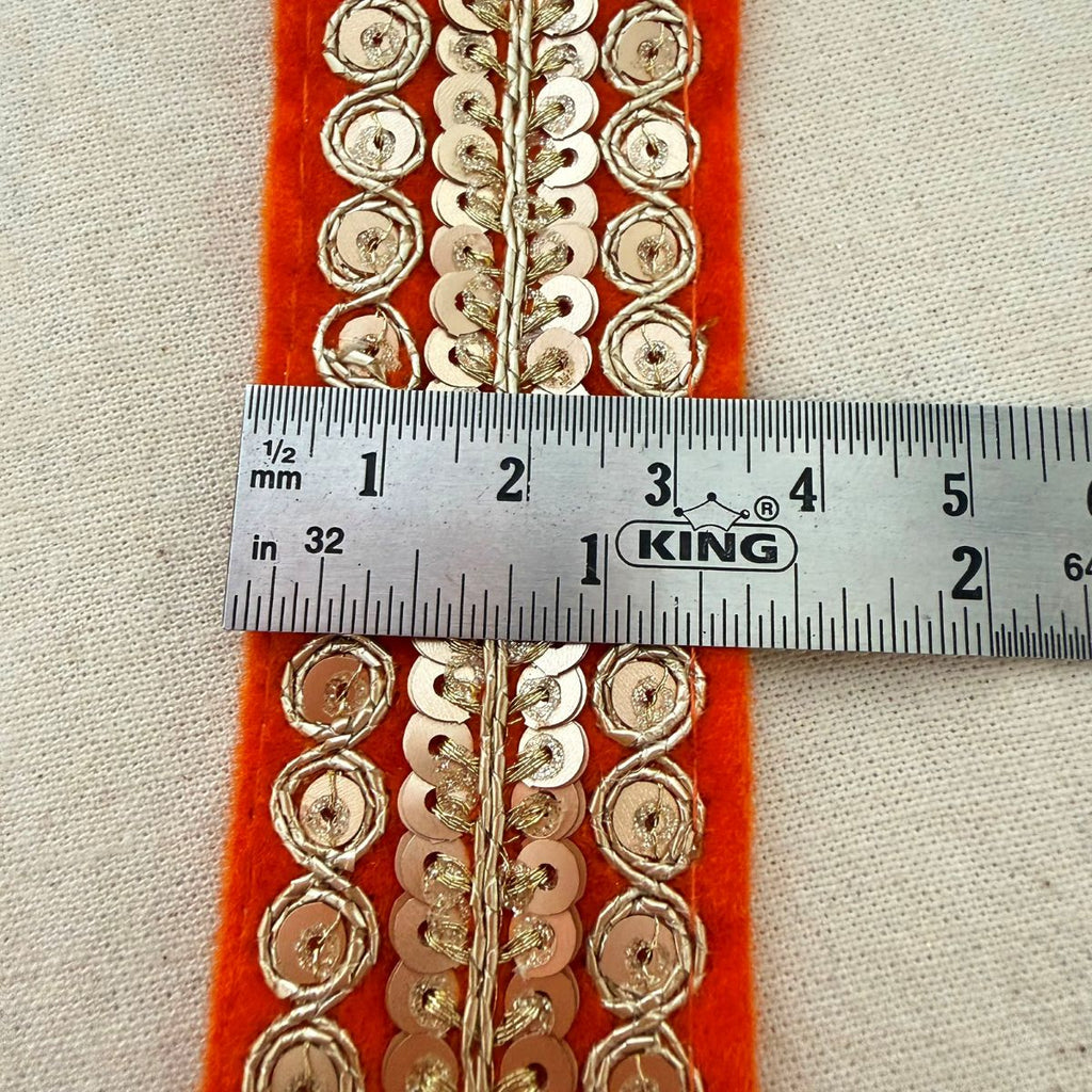 Orange Velvet Gold Sequin Zari Coin Lace Trim – 9 Yards Roll