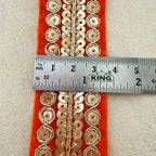 Orange Velvet Gold Sequin Zari Coin Lace Trim – 9 Yards Roll