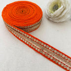 Orange Velvet Gold Sequin Zari Coin Lace Trim – 9 Yards Roll