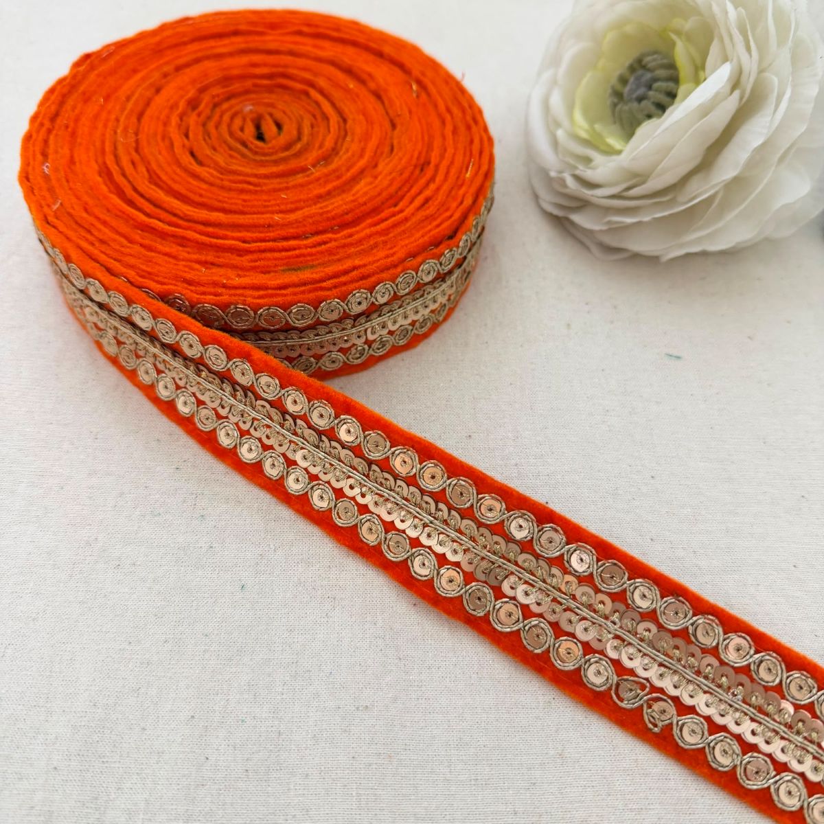 Orange Velvet Gold Sequin Zari Coin Lace Trim – 9 Yards Roll