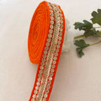 Orange Velvet Gold Sequin Zari Coin Lace Trim – 9 Yards Roll