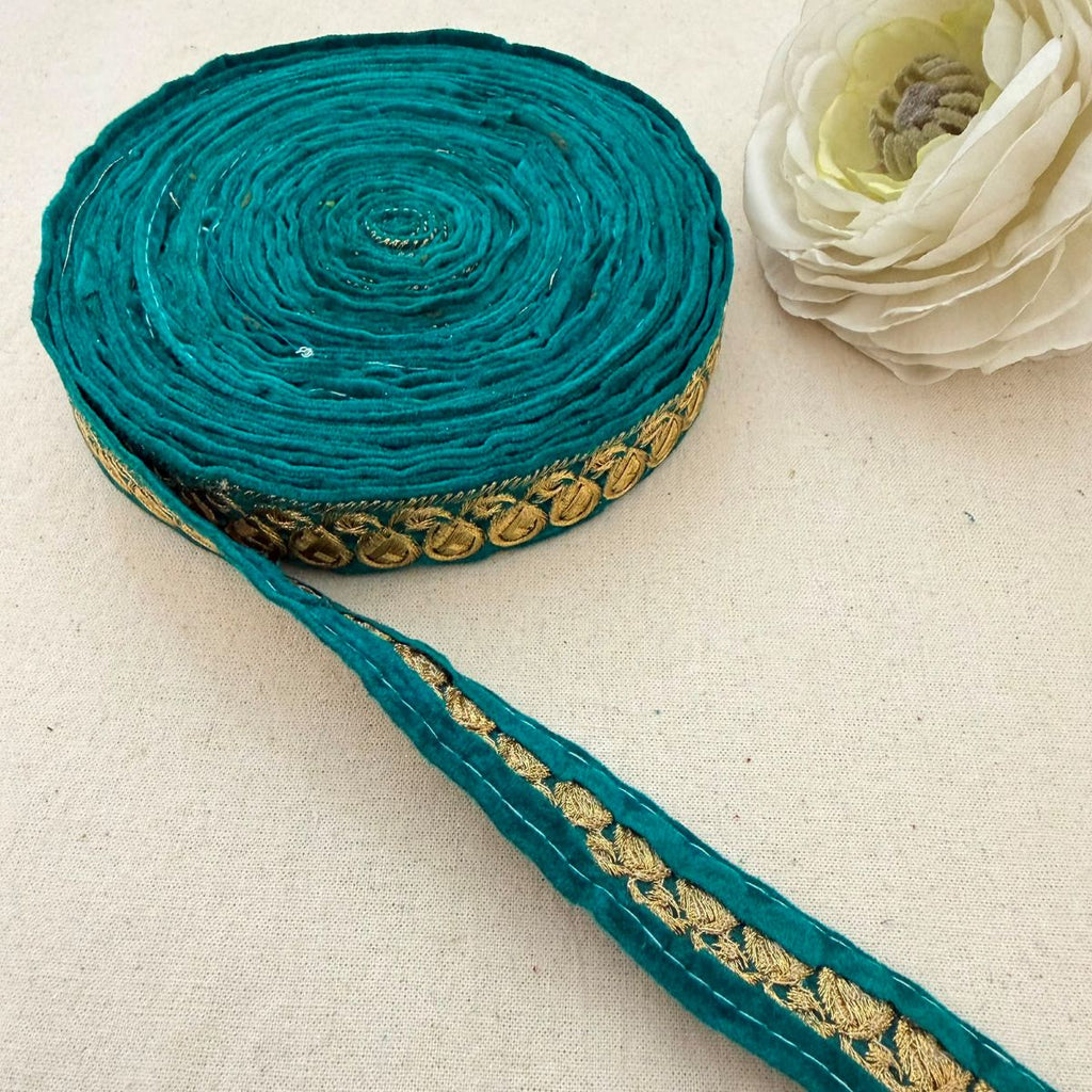 Teal Velvet Gold Zari Coin Lace Trim – 9 Yards Roll