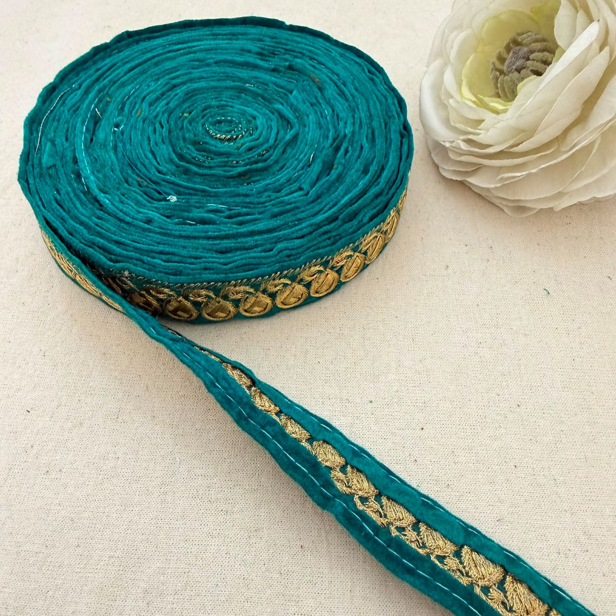 Teal Velvet Gold Zari Coin Lace Trim – 9 Yards Roll