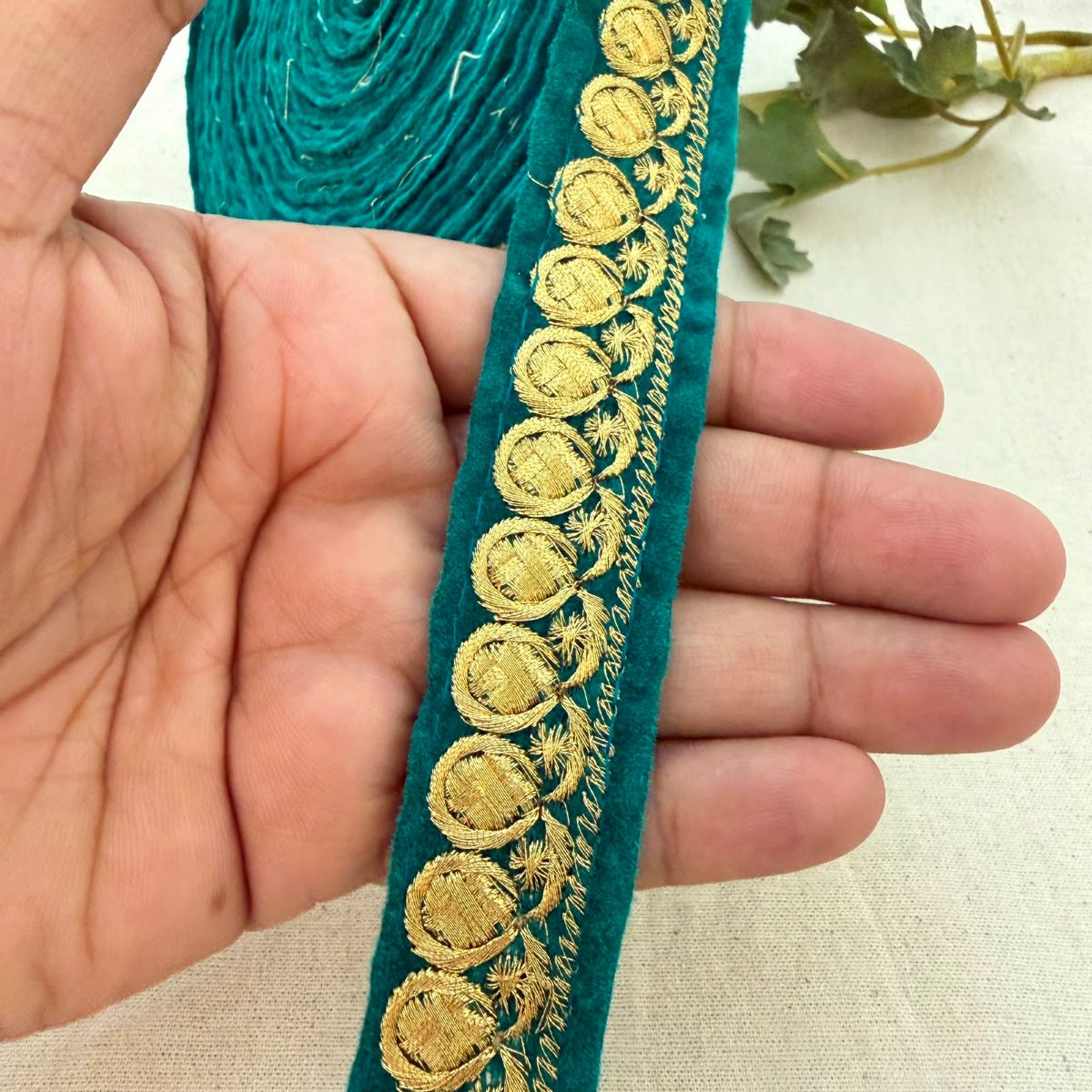 Teal Velvet Gold Zari Coin Lace Trim – 9 Yards Roll