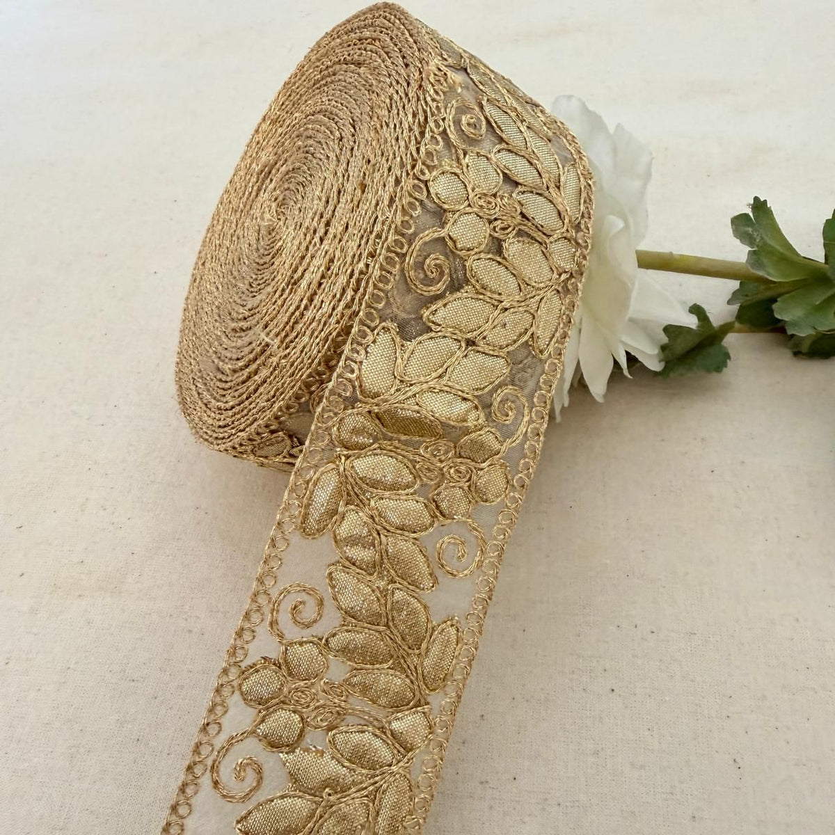 Gold Floral Embroidered Lace Trim – Net Base | 9 Yard Roll