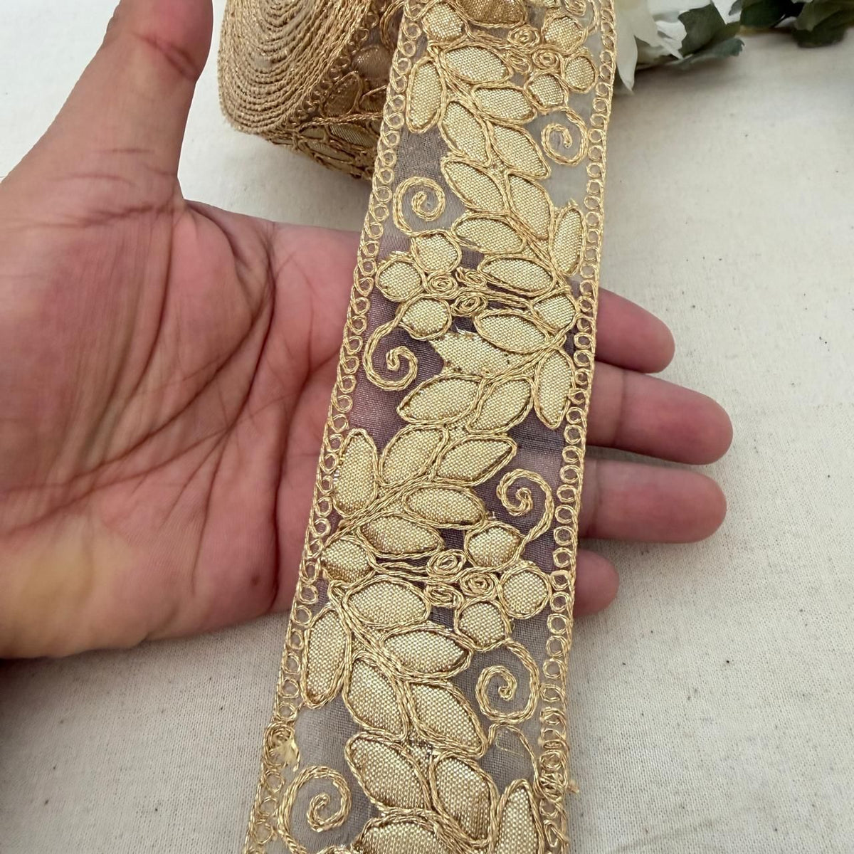 Gold Floral Embroidered Lace Trim – Net Base | 9 Yard Roll