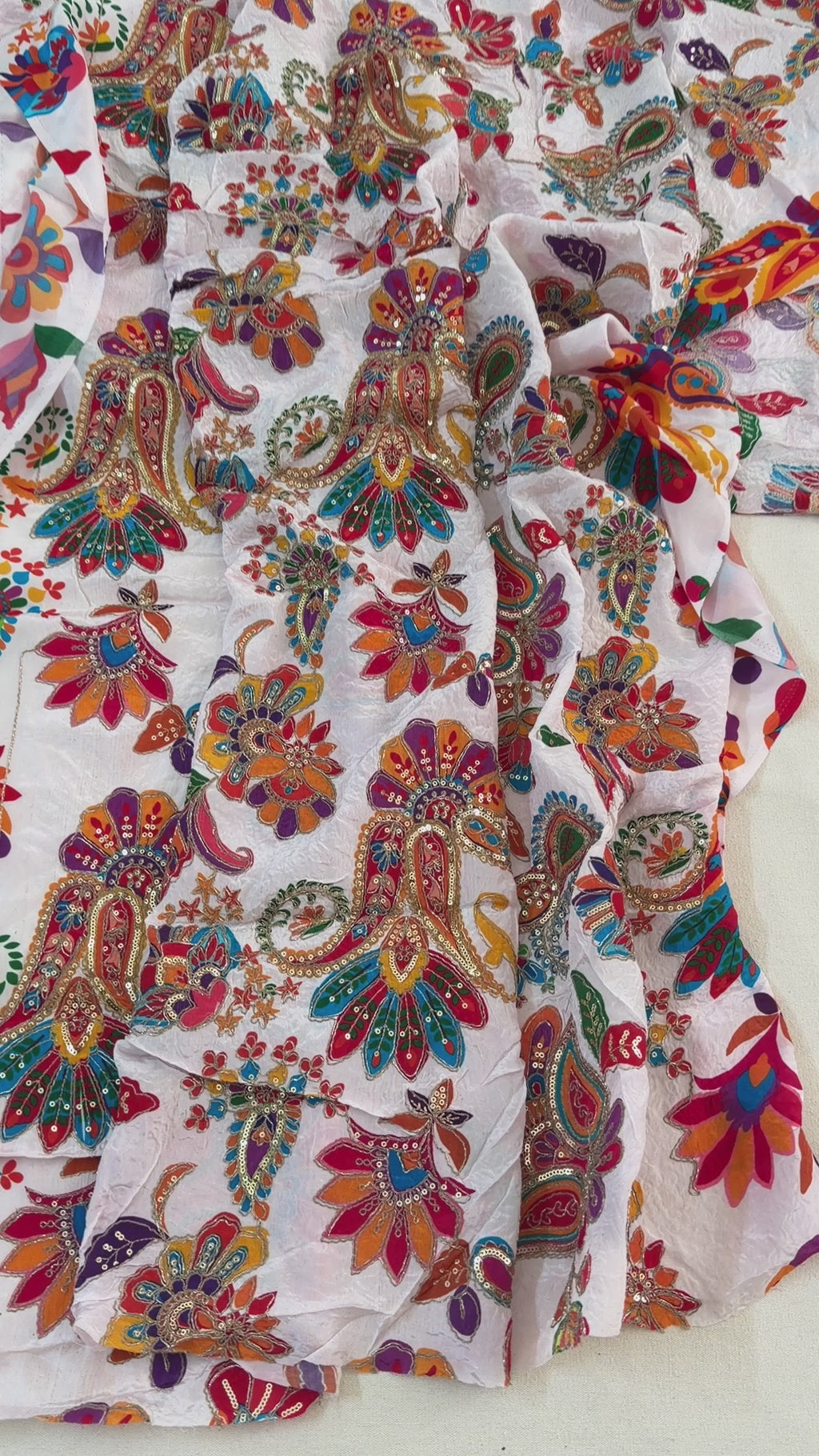 White Multicolor Paisley Floral Printed & Sequin Embroidered Fabric – 46" Width