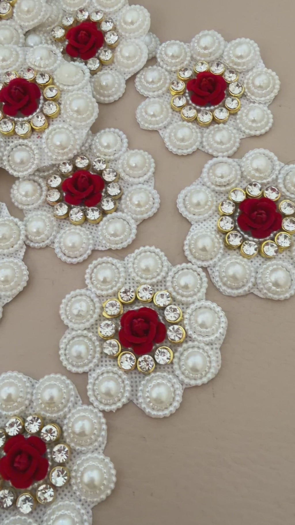 White Pearl Cluster & Red Rose Rhinestone Flower Embellishment Patch – Pack of 10