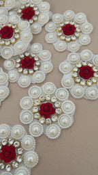 White Pearl Cluster & Red Rose Rhinestone Flower Embellishment Patch – Pack of 10