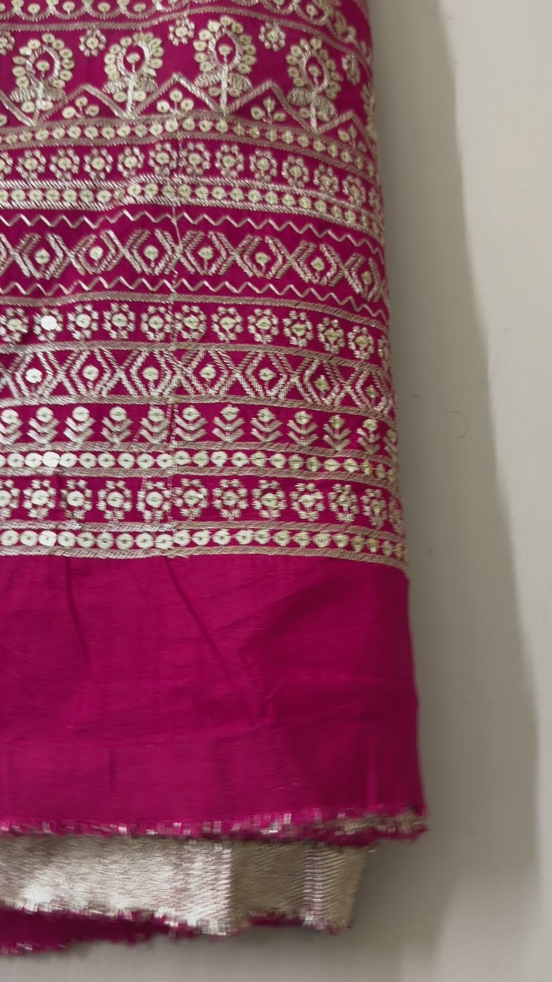 Dola Silk Embroidered Fabric | Magenta Floral Brocade with Sequin Border