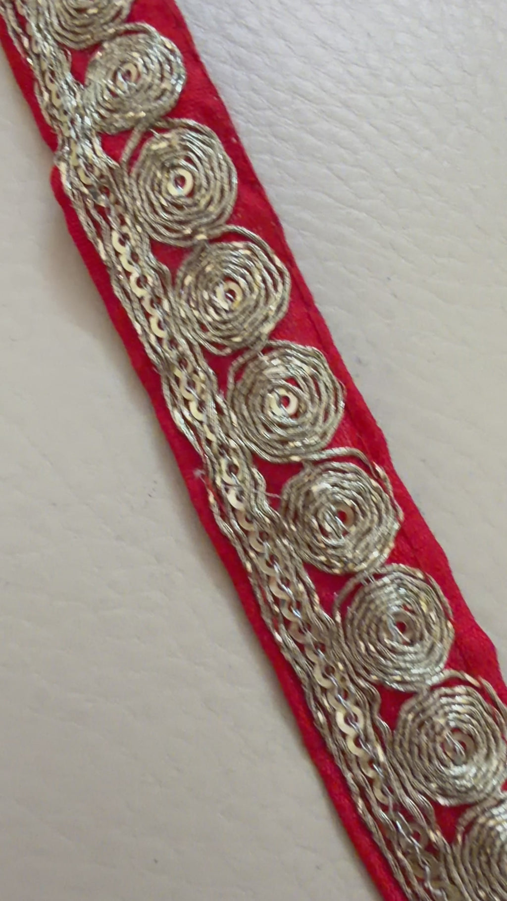 Red Velvet Rose Lace Trim – Gold Zari & Sequin Embroidered Border | 9 Yards