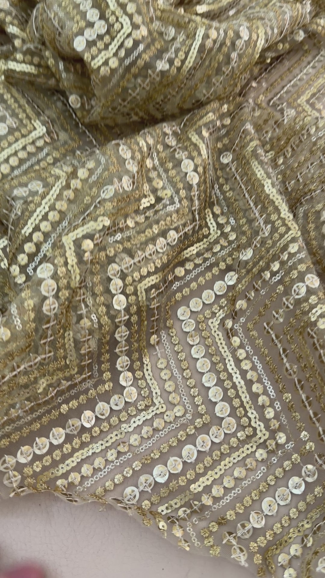 Zigzag Sequin Net Lace Fabric – Gold Chevron Embroidery | 46" Width