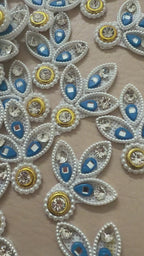 Blue & White Pearl Crystal Leaf Motif Rhinestone Applique Patch – Pack of 25