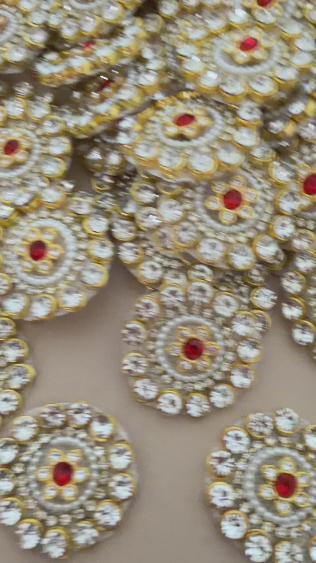 Red & Pearl Rhinestone Floral Patches – Gold Embellished Appliqué (Pack of 10)