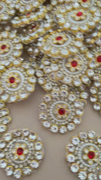 Red & Pearl Rhinestone Floral Patches – Gold Embellished Appliqué (Pack of 10)