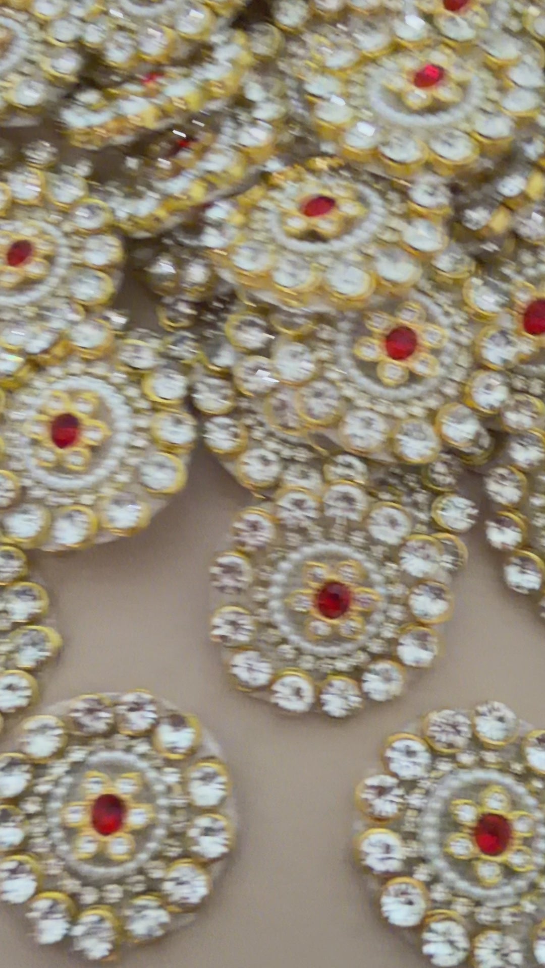 Red & Pearl Rhinestone Floral Patches – Gold Embellished Appliqué (Pack of 10)