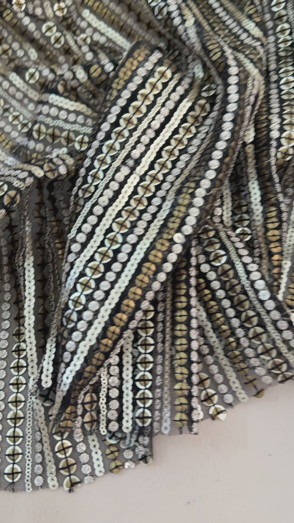 Black & Golden Stripe Sequin Embroidered Fabric – 46" Wide | By the Yard