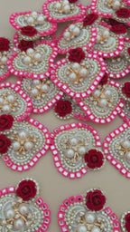 Heart Shaped Rose Patches Pink Rhinestone Border Appliques - 10 Pcs
