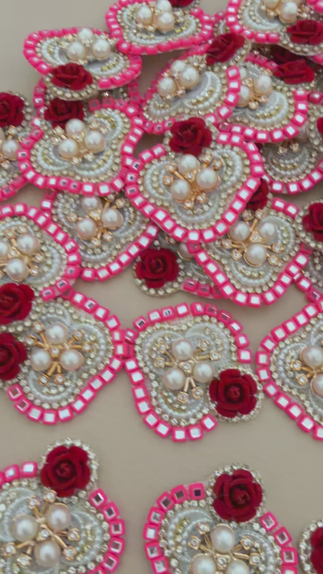 Heart Shaped Rose Patches Pink Rhinestone Border Appliques - 10 Pcs