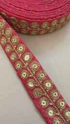 Coral Red & Gold Zari Floral Bouquet Lace Trim – Sequin Embroidered Border | 9 Yards