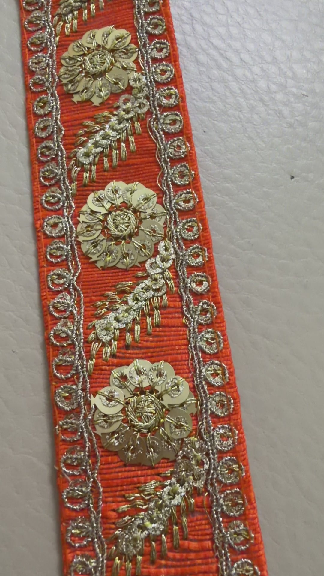 Premium Orange & Gold Embroidered Lace Trim – 9 Yards.