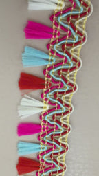 Multicolor Lace – Gold Scallop Braid with Pink Red Blue Frindges | 9 Yards