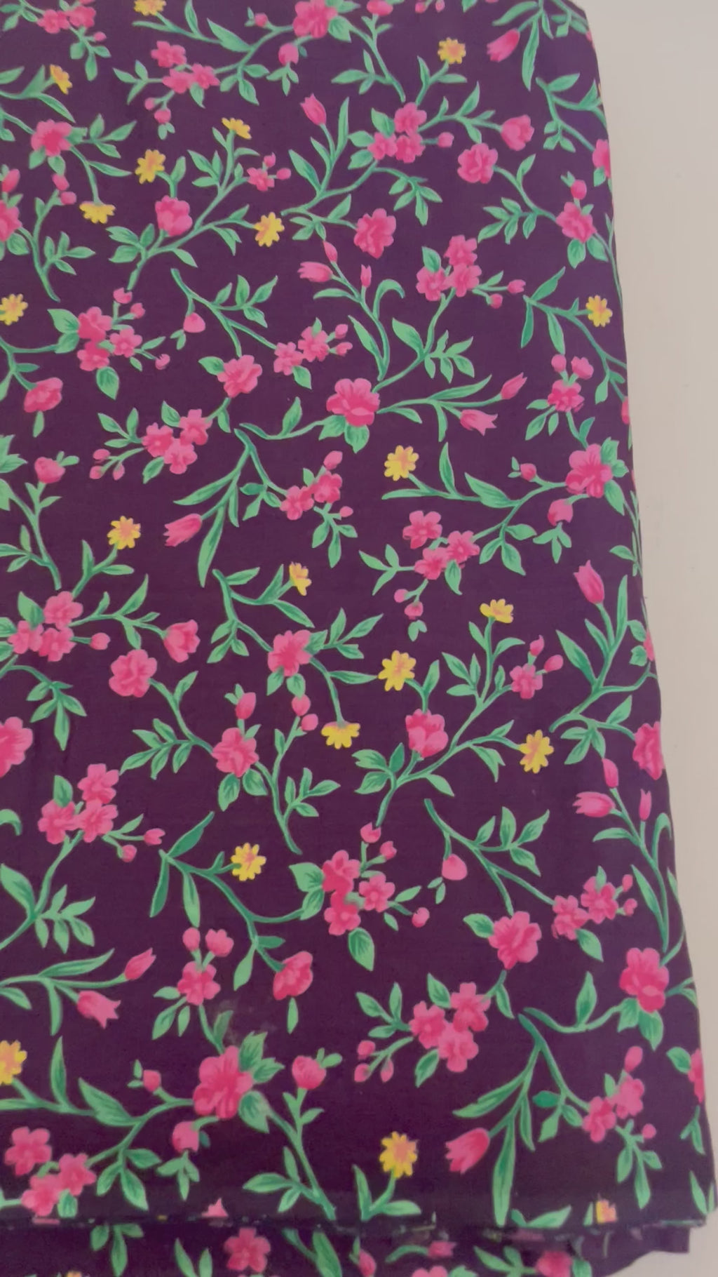 Midnight Purple Floral Cotton Fabric by Yard – 42" Wide – Pink Blossoms & Yellow Wildflowers