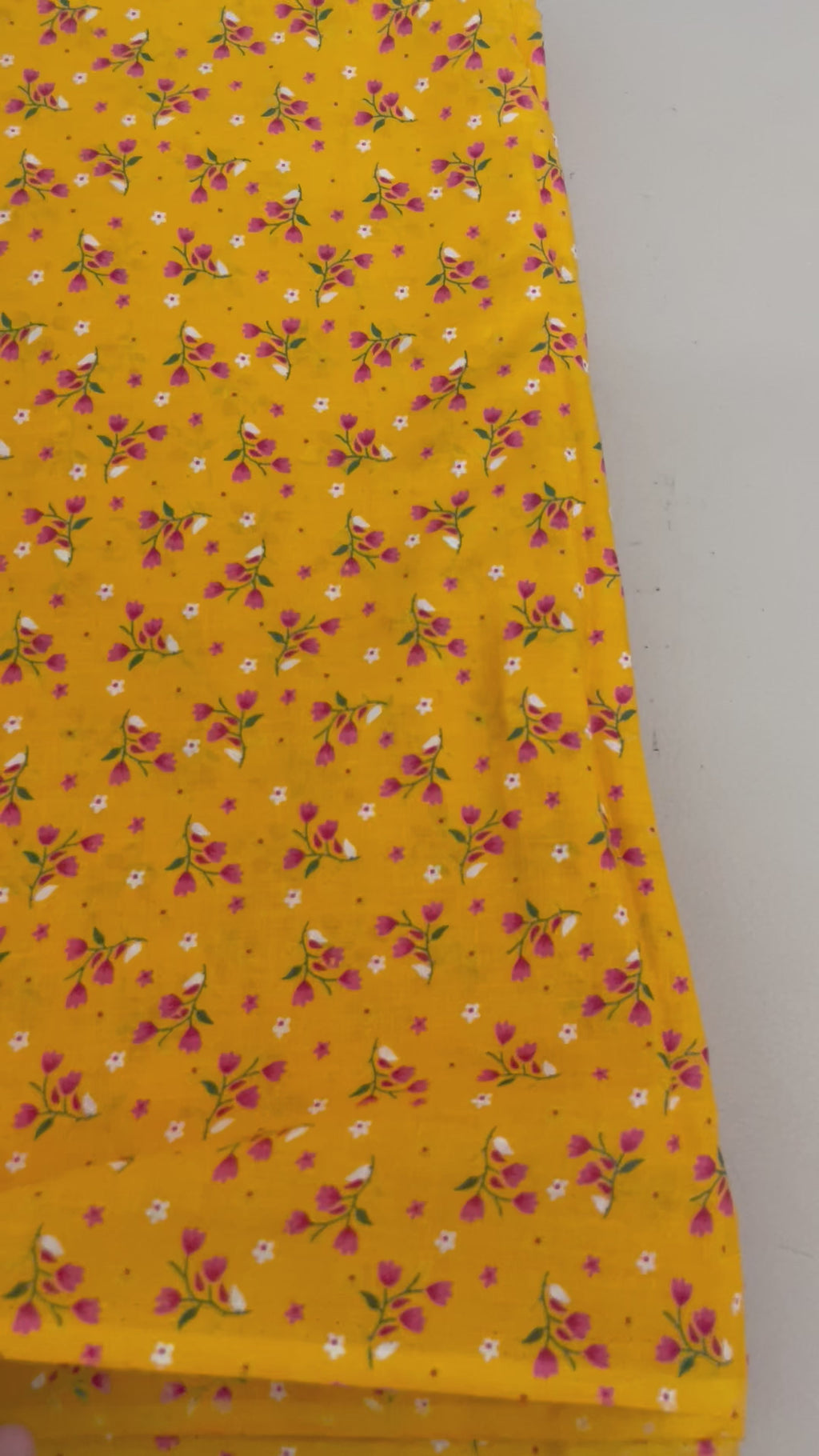 Mustard Yellow Floral Cotton Fabric by Yard – 42" Wide – Dainty Pink Blossoms & White Daisies