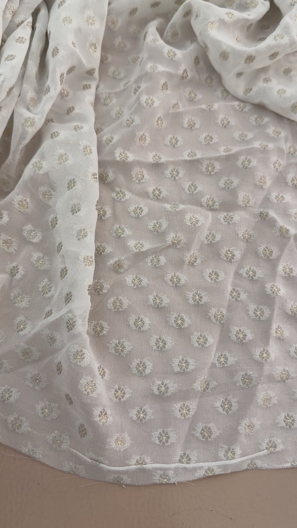 White Rose Gold Zari Booti Chiffon Fabric | Scattered Leaf Motif | 42" Wide