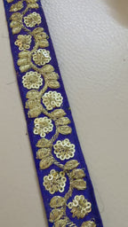 9 Yards Royal Cobalt Blue & Gold Sequin Floral Embroidery Lace.
