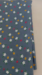 Wildflower Meadow Daisy Cotton Fabric – 42" Wide – White & Yellow Florals on Slate Blue – Sold by the Yard